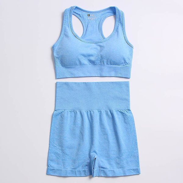 2-delat set Kvinnor Träningskläder Gym Set Fitness Sportkläder Crop Top Sports BH Sömlösa Leggings Active Wear Outfit Kostym C Blue 2pcs L