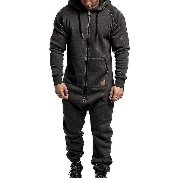 Men Onesie Allt i ett Hoodie Zip Jumpsuit Winter Casual Hooded Romper Playsuit Dark Grey XL