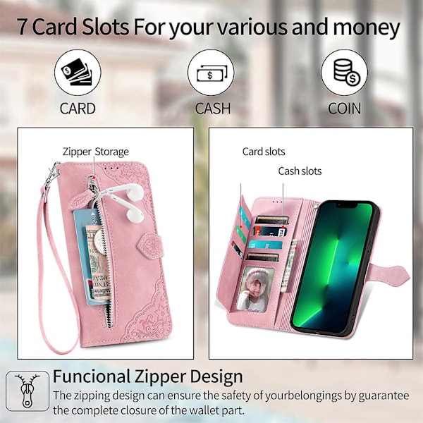 Case För Iphone 13/13 Pro Wallet Telefon Case För Iphone 13 Mini Zipper Wallet Flip Case För Iphone 13 Pro Max Pink 13 Pro Max