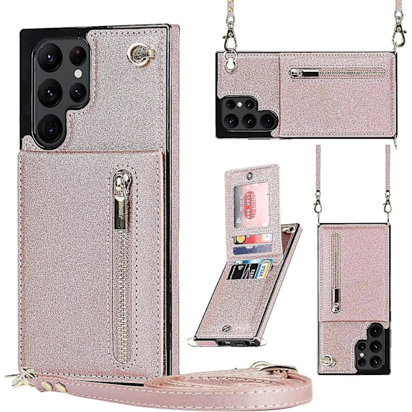 Case i läder för Samsung Galaxy S23 Ultra/ S23+/ S23 med halsrem & stativ & dragkedja Rose gold for S23 Ultra