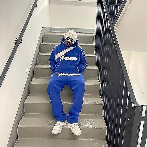 Nofs Streetwear träningsoveraller för män , Letters Printless Hoodies And Sweatpants Y2k Herr, Hip Hop Byxor Blue XL