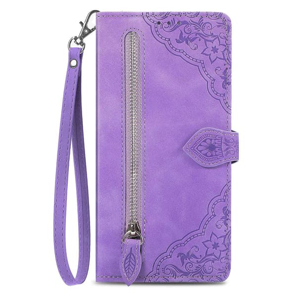 Case för iPhone 15 med präglad blomblixtlås Purple