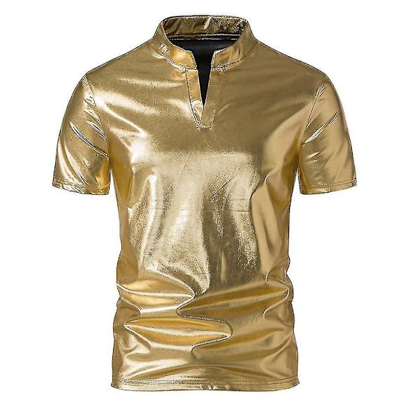Herr V-ringad Sparkle Kortärmade Glänsande Pikétröjor 70-tal 80-tal Disco Party Casual T-shirts T-tröjor Gold L