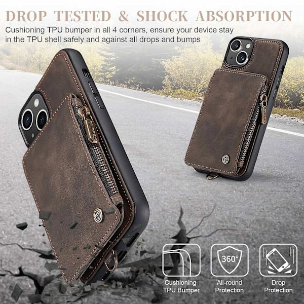 Multifunktionellt RFID- case för iPhone 15 Plus Brown