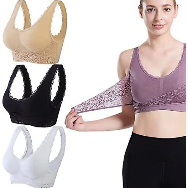 3 st Tourmaline Shaping & Kraftfull Lifting BH, Tourmaline Shaping Wireless BH, Front Cross Side Spänne Spets Lifting BH white-black-Flesh color L