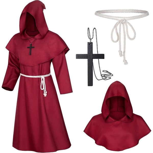 Revengers Medieval Renaissance Monk Friar Priest Wizard Cloak Hooded Robe Cosplay Bälte Halsband Set Red Medium