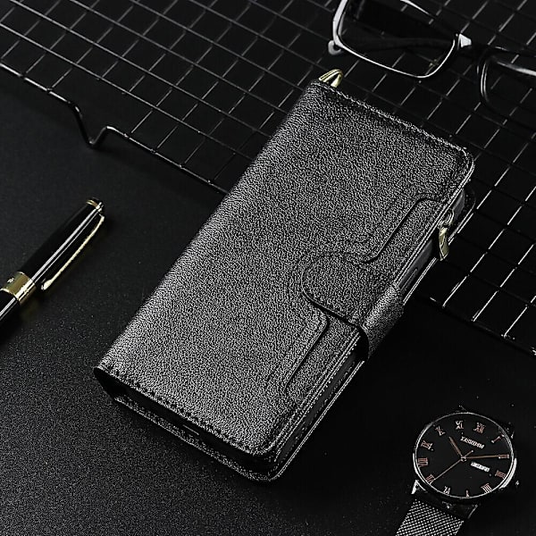 Fodral för Samsung Galaxy Z Fold 2 med dragkedja, magnetisk plånbok, kortfack, PU-läder, flipfodral Black A