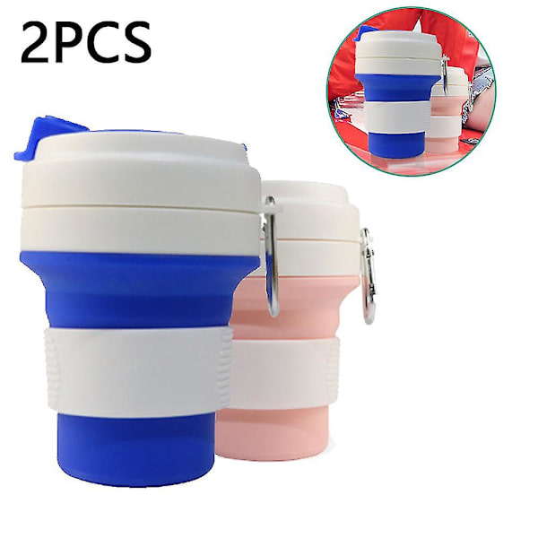 Silikon hopfällbar återanvändbar kaffekopp, bärbar hopfällbar lätt campingkopp med lock, utbyggbar vattenkopp för vandringsresor, sport, Dark blue*pink