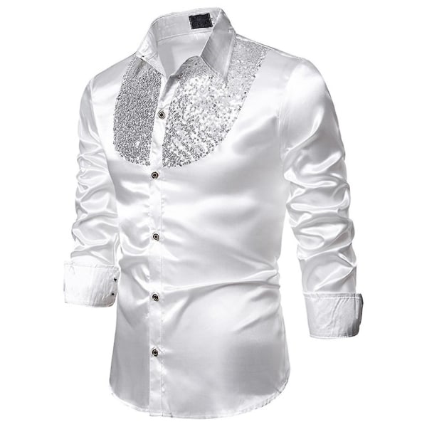 Män Glittrande paljetter Button-down Slim Fit Formella skjortor Party Evening Långärmad Klänning Skjorta Topp White 2XL