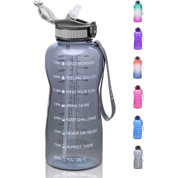 2,2-liters vattenflaska, BPA-fri, 2,2 l, drickflaska med sugrör och tidsmarkeringar, 2 200 ml, gymnastikflaska för sport, cykling, yoga, v Grå