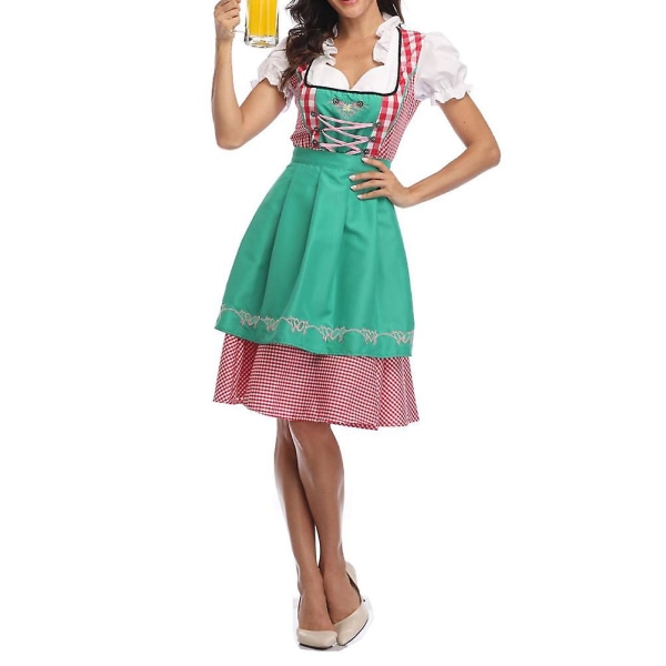 National Style Beer Festival Wench Kostym Oktoberfest Dirndl Klänning med Förkläde Maid Uniform Suit Green L