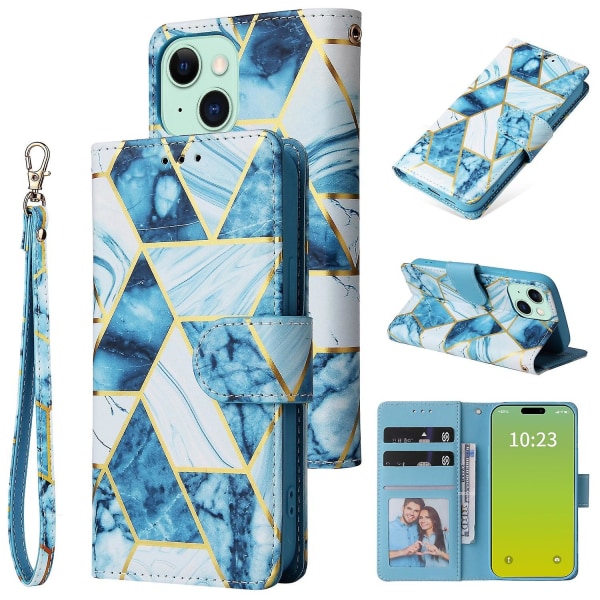 Marble Bronzing Läder Phone case för iPhone 15 Blue