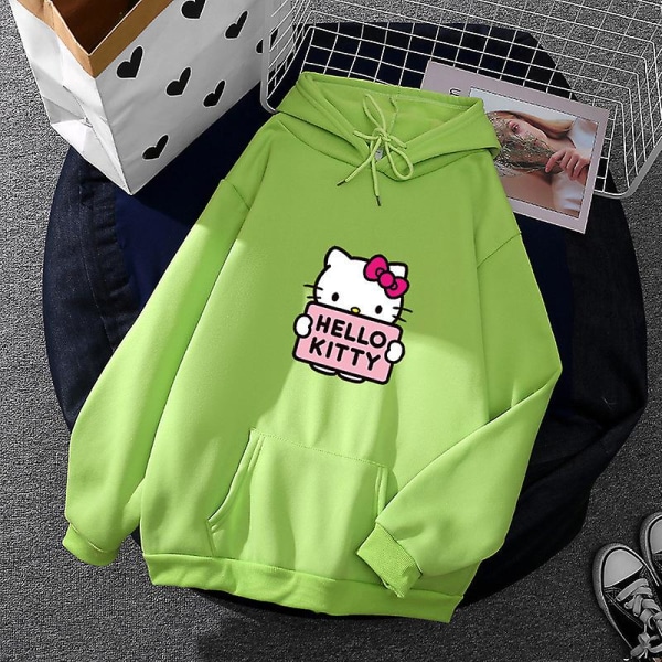 Tecknad Sanrio Hello-kitty Söt huvtröja för kvinnor Koreanska flickor Modetröja Vår och höst Modell Kläder Casual Långärmad M green