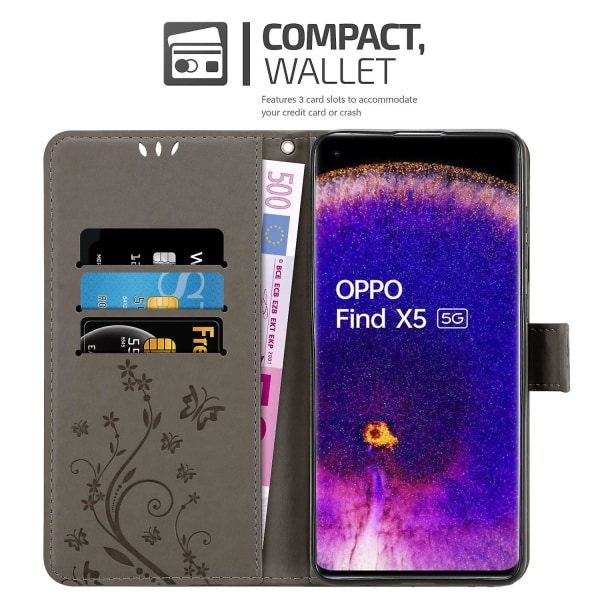 Oppo FIND X5 Cover Case - med blommönster och stativfunktion och kortfack FLORAL GREY FIND X5