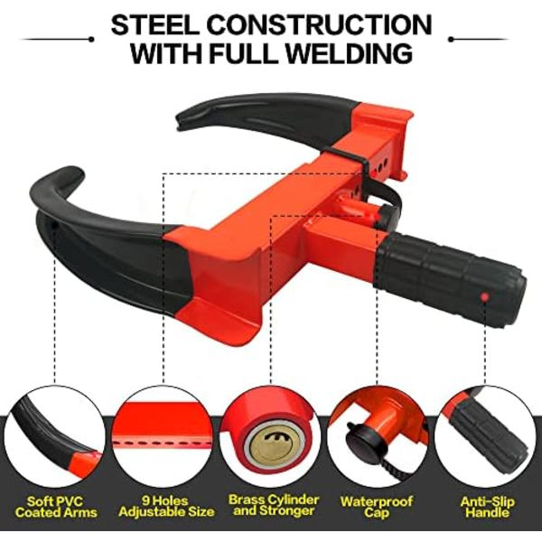 Hjulklämlås Universal Säkerhet Däcklås Stöldskyddslås Passar de flesta fordon Max 10&#34; Däckbredd och 7&#34; Reach for Trailers SUV Boa Red