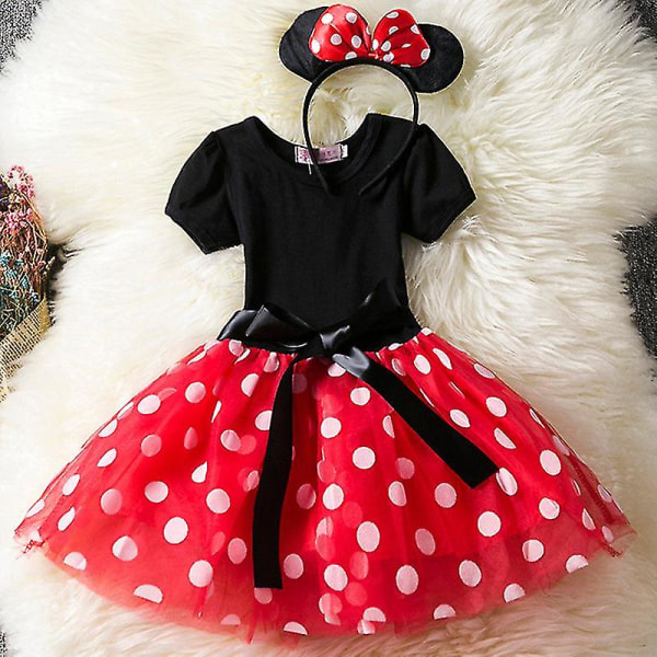 Barn Flickor Minnie Mouse Cosplay Kostym Tyllklänning Med Pannband Fyndklänning Banmo Red 18-24 Months