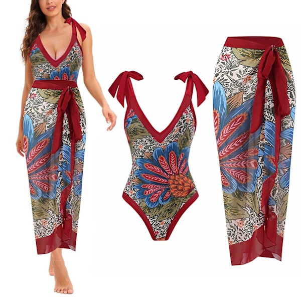 Dambaddräkter Baddräkt Dambaddräkt Baddräkt i ett stycke Bikini Baddräkt med snörning Lång kjol Chiffong Tvådelat set Bikini för kvinnor Sw Red L