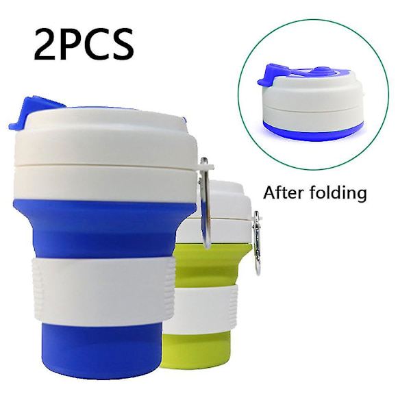 Silikon hopfällbar återanvändbar kaffekopp, bärbar hopfällbar lätt campingkopp med lock, utbyggbar vattenkopp för vandringsresor, sport, Blue*grass green