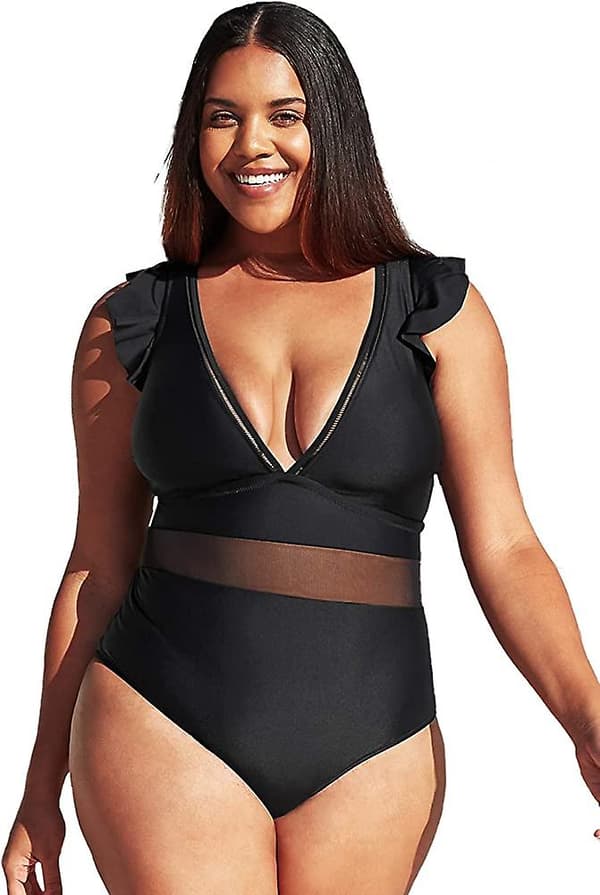 Kvinnor Plus Size Baddräkt One Piece V-hals Ruffle Mesh Baddräkt Simning