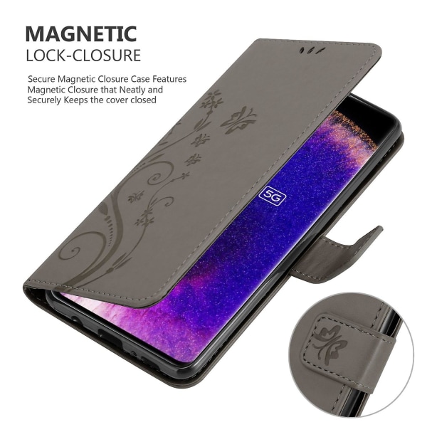 Oppo FIND X5 Cover Case - med blommönster och stativfunktion och kortfack FLORAL GREY FIND X5