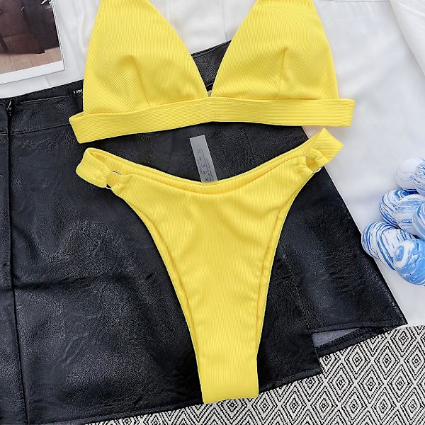 Ribbad O-ring för damer Bikini Baddräkt Fräck Thong Baddräkt yellow M