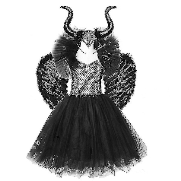 Halloween Kostymer Barn Flickor Svart Klänning Ankellängd Klänningar Devil Kostym Cosplay Outfits Horns Wings Dress horn wings 9y