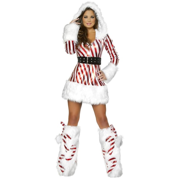 3st/ set Kvinnor Jul Hooded Dress Up Vinter sammet Randig Mrs Claus Santa Cosplay Kostym Xmas Holidays Party Finklänning Striped M