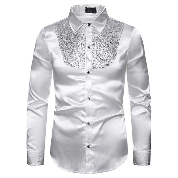 Män Glittrande paljetter Button-down Slim Fit Formella skjortor Party Evening Långärmad Klänning Skjorta Topp White 2XL