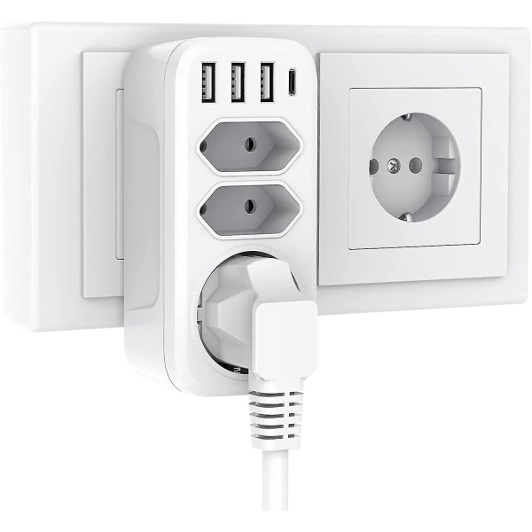 3 uttag med 3 USB portar och 1 typ-c-port, 7-i-1 uttagsadapter med USB laddare (vit) null none