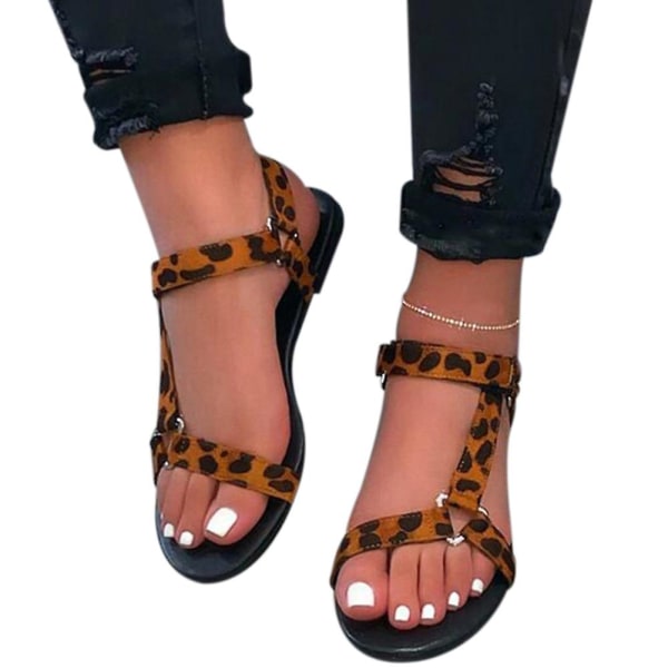 Platta sandaler för kvinnor med öppen tå andas Anti-slip Casual för sommarstrand utomhus Leopard Print 41