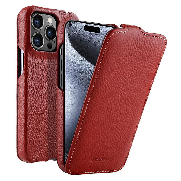 MELKCO För iPhone 15 Pro Max Case Litchi Texture Äkta koläder+PC Vertical Flip Cover null none
