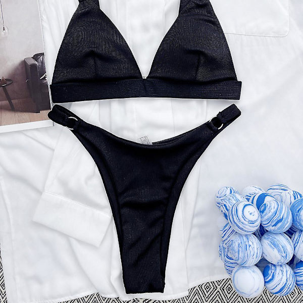 Ribbad O-ring för damer Bikini Baddräkt Fräck Thong Baddräkt black M