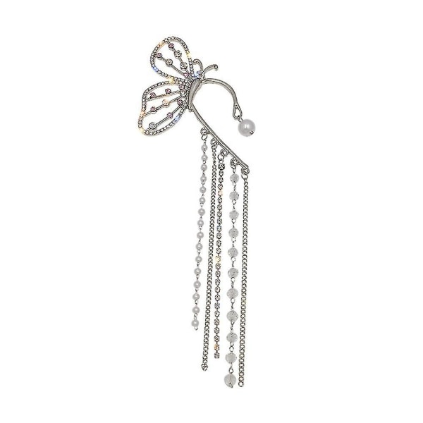 Sparkly Butterfly Ear Clip Long Tofs Bow Pearl Drop Earring Chain Ear Hook Women Smycken Left Ear none