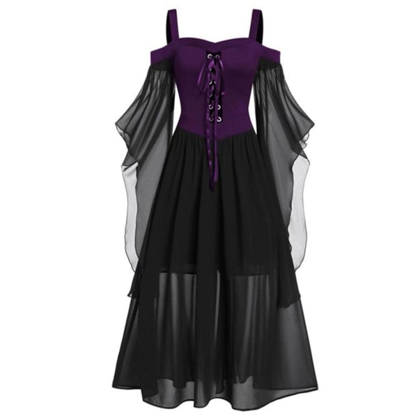 Witch's Sexy Suspender Front Tie Klänning Enfärgad gotisk långklänning för Halloween-fest Black Purple 4XL