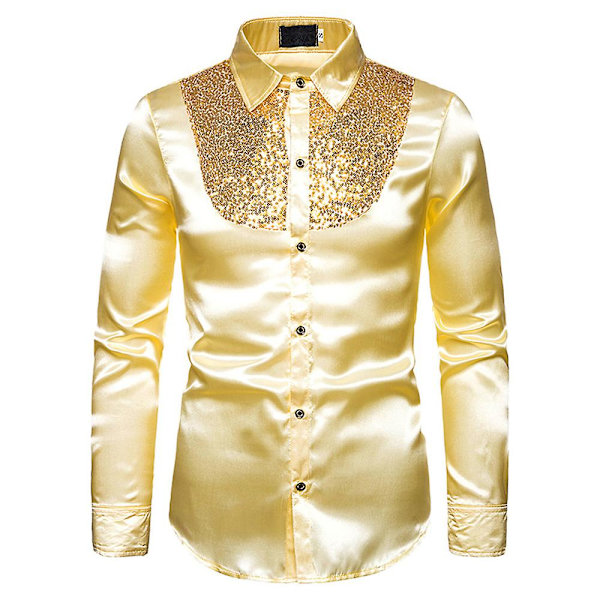 Män Glittrande paljetter Button-down Slim Fit Formella skjortor Party Evening Långärmad Klänning Skjorta Topp Golden 2XL