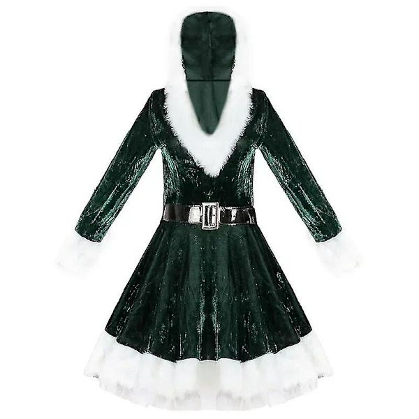 Kvinnors julkjol i sammet med huva Julshowsdräkt green XL