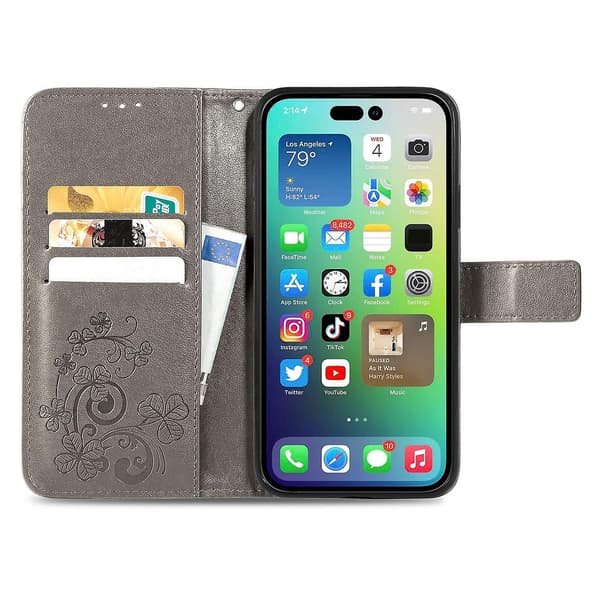 Fyrfodrat läderfodral med case för iPhone 15 Grey