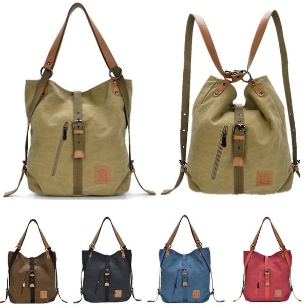 Ryggsäck med dubbla ändamål Dam Canvas Casual Multifunktionell Handväska i mikrofiberläder med stor kapacitet Axelväskor khaki