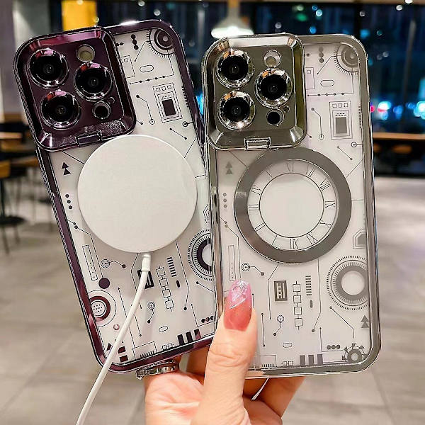 Magsafe Clear Case kompatibelt med Iphone 15 Pro Max, mjuk TPU-plätering Stötsäkert cover med linsskyddsstativ Silver For iPhone 15 Pro Max