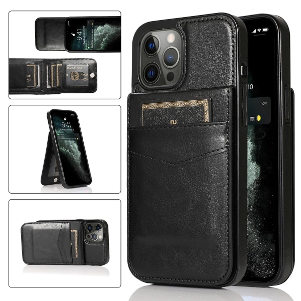 Läderbelagd Tpu Kickstand Case För Iphone 12 Pro Max, Korthållare Mobiltelefon Cover Black