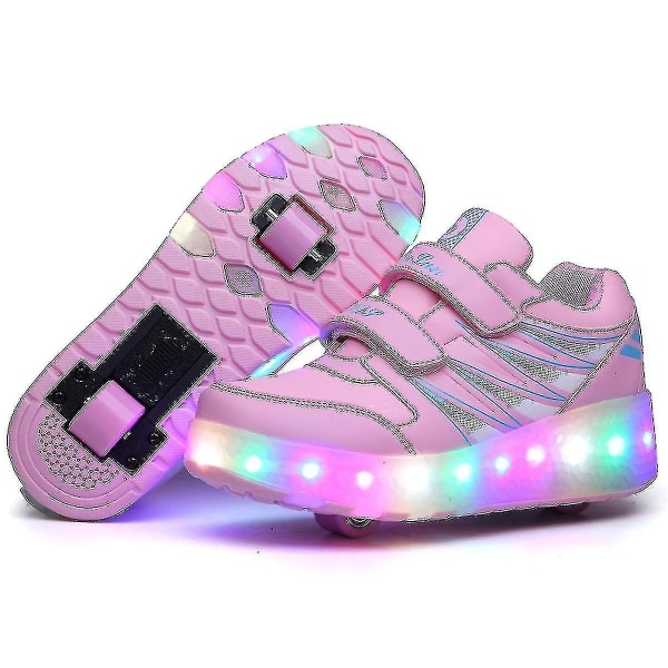 2022 Nya Led Light Up Roller Shoes Double Wheel USB Uppladdningsbara skridskoskor Pink 30