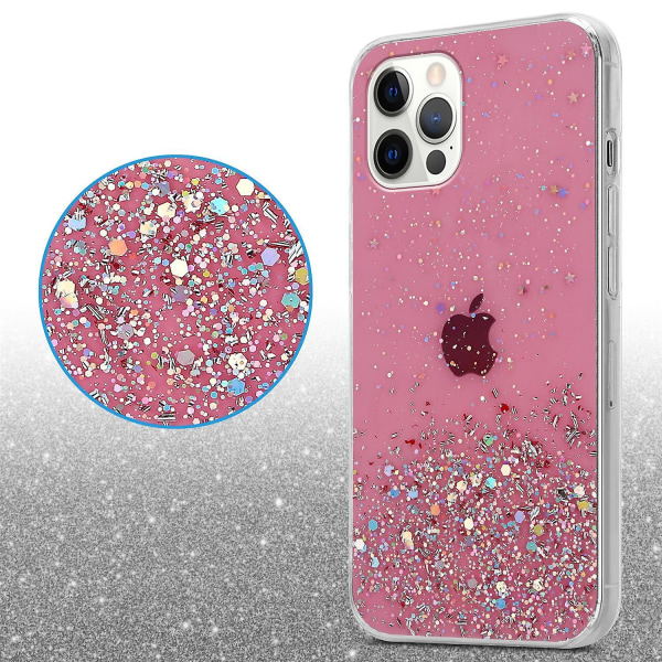 Apple iPhone 12 / 12 PRO Hülle Handy Cover TPU- case - Genomskinlig med glitter Pink with glitter iPhone 12 / 12 PRO