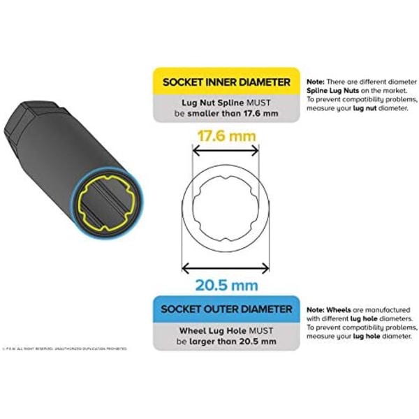 StanceMagic 6-punkts splinedrivning tuner ersättningsnyckelverktyg för eftermarknaden sexspline hjullåsmuttrar - 17,6 mm innerdiameter - Small 6-Spline Black