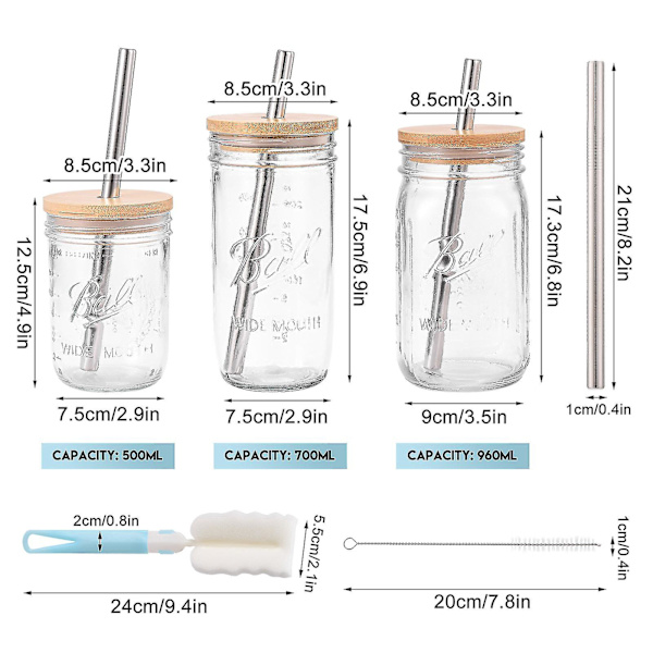 Masonburkar i glas Smoothiekoppar med bred mun Återanvändbara Boba-tekoppar med bambulock och silverhalm 700ML 2Pcs