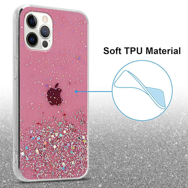 Apple iPhone 12 / 12 PRO Hülle Handy Cover TPU- case - Genomskinlig med glitter Pink with glitter iPhone 12 / 12 PRO