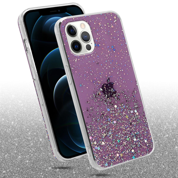 Apple iPhone 12 / 12 PRO Hülle Handy Cover TPU- case - Genomskinlig med glitter Purple with glitter iPhone 12 / 12 PRO