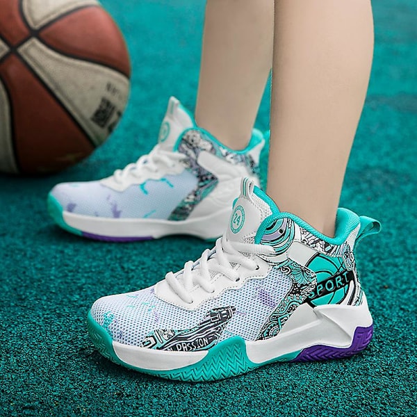 Barn Basketskor Andas Sneakers Trendiga Casual Skor Löparskor Yj025 WhiteCyan 39