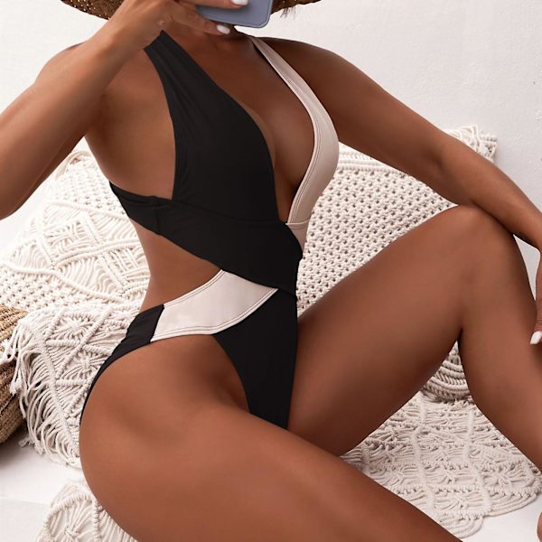 Dambaddräkter Bikinibody med hög midja Baddräktsömmar Bikinibaddräkt Korsbaddräkt för kvinnor Färgblockerande Bikini Swimsu för kvinnor Black L