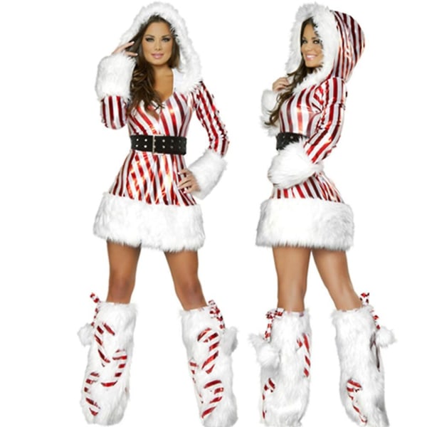 3st/ set Kvinnor Jul Hooded Dress Up Vinter sammet Randig Mrs Claus Santa Cosplay Kostym Xmas Holidays Party Finklänning Striped M
