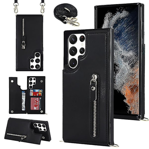 Crossbody axelrem case Kompatibel Samsung Galaxy S23 Ultra/ S23+/ S23 med korthållare Stötsäker Black for S23 Ultra